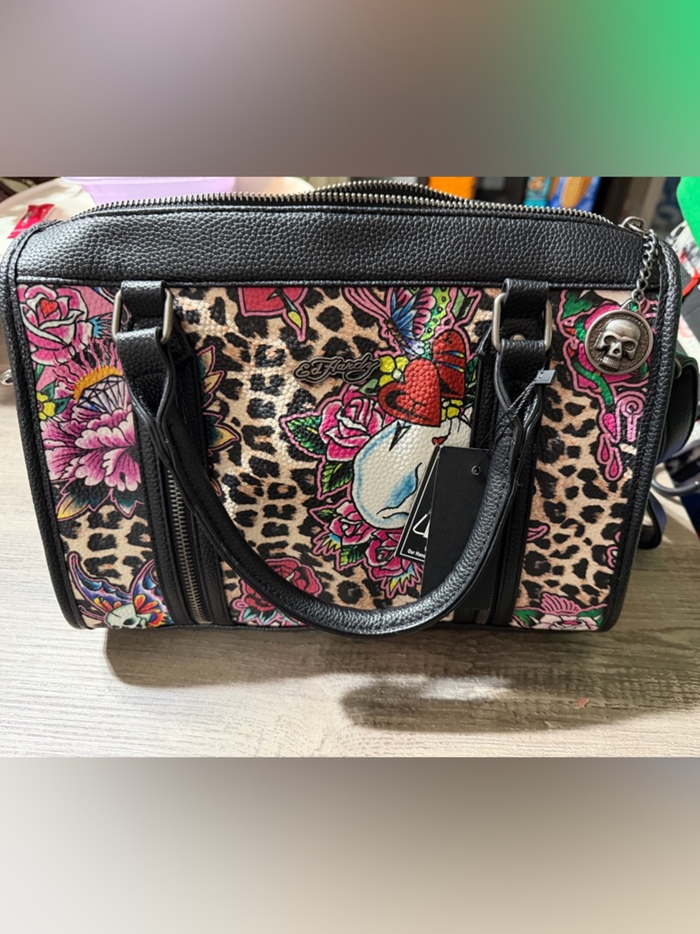 Ed Hardy Black and Pink Skull Shoulder Bag